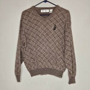 Vtg Chunky Knit Mens Small V-Neck Golf Sweater‎ Brown Argyle Fisherman Heritage